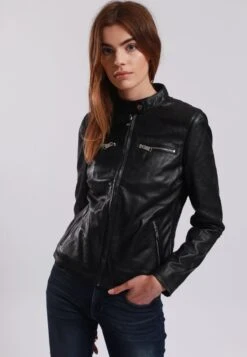 Lee Cooper Leather Jacket With Round Collar And Push Button Closure - - Veste En Cuir - Black