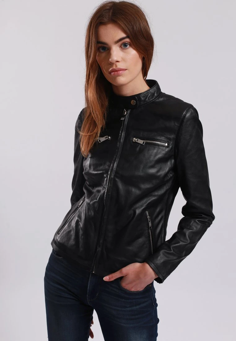 Lee Cooper Leather Jacket With Round Collar And Push Button Closure - - Veste En Cuir - Black 1 Lee Cooper Leather Jacket With Round Collar And Push Button Closure - - Veste En Cuir - Black