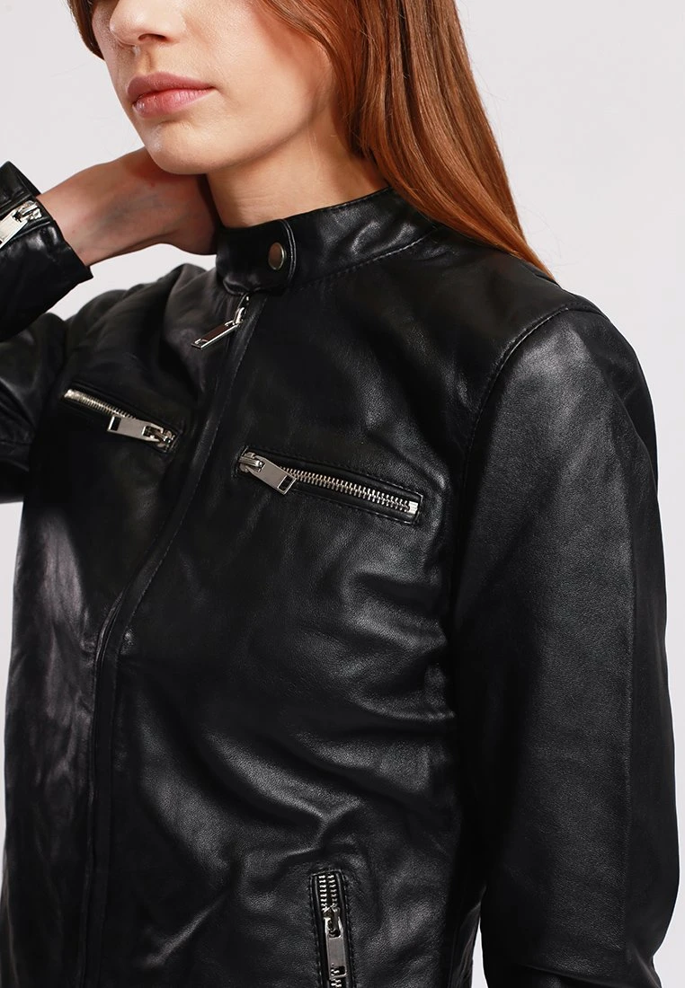 Lee Cooper Leather Jacket With Round Collar And Push Button Closure - - Veste En Cuir - Black 4 Lee Cooper Leather Jacket With Round Collar And Push Button Closure - - Veste En Cuir - Black – Image 4