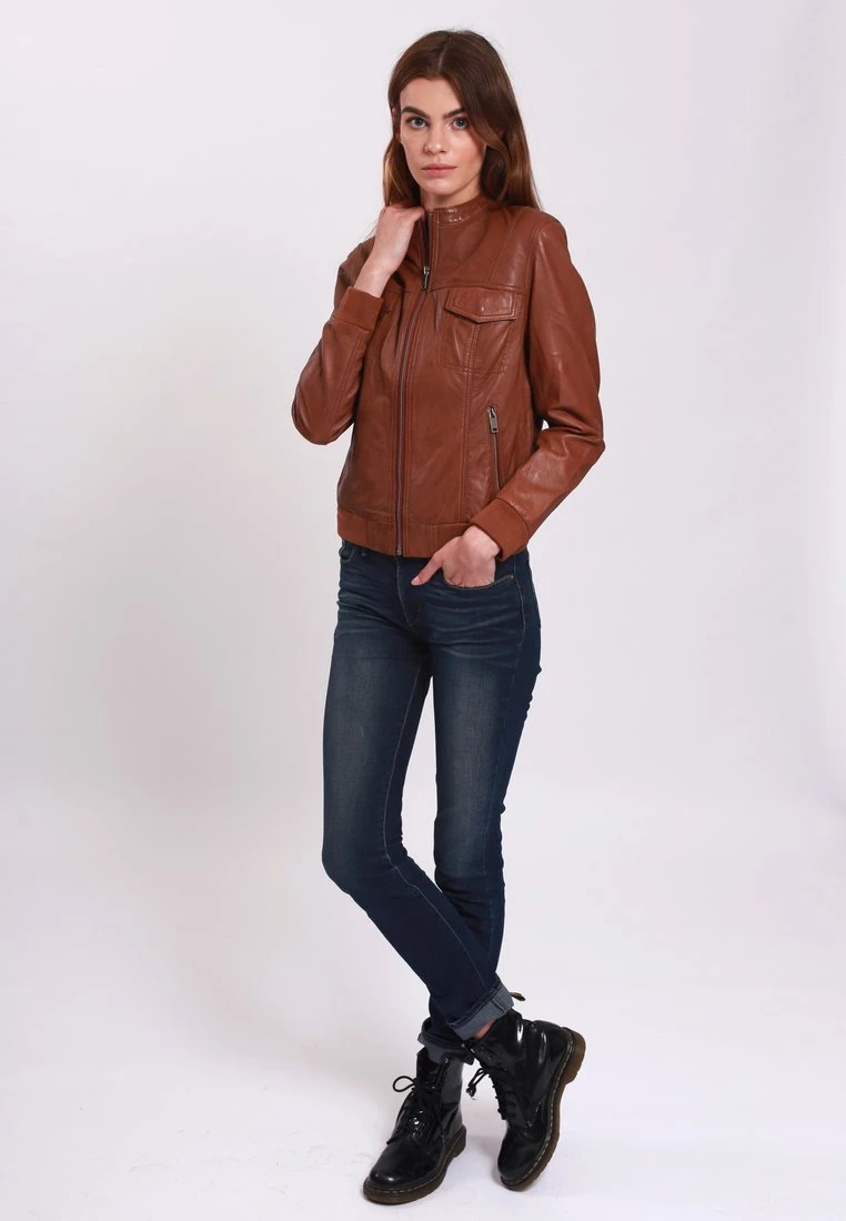 Lee Cooper Leather Jacket With Round Collar - 2 Zipped Side Pockets - - Veste En Cuir - Cognac 2 Lee Cooper Leather Jacket With Round Collar - 2 Zipped Side Pockets - - Veste En Cuir - Cognac – Image 2